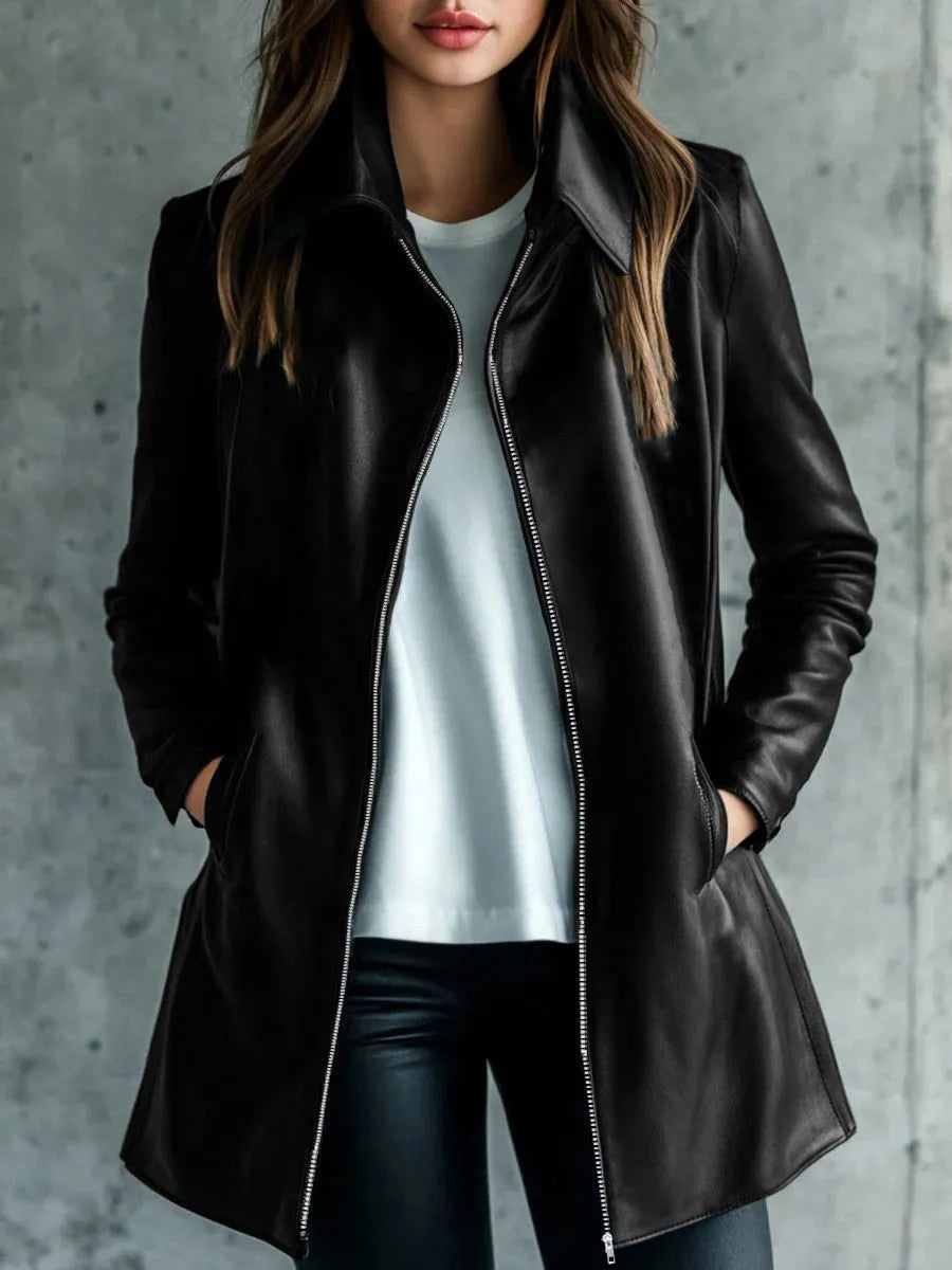 Women's black polyester leather jacket with medium 65cm length and long sleeves