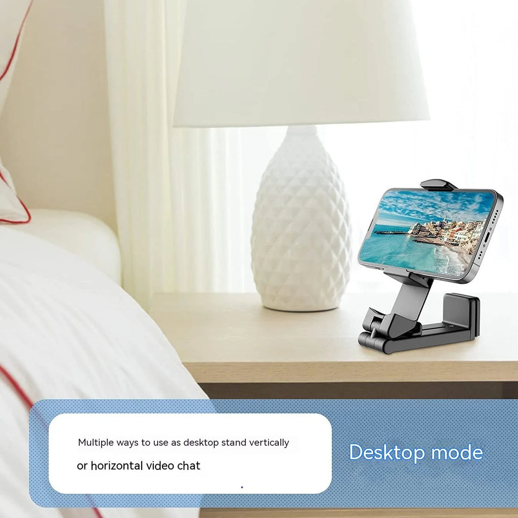 Foldable rotating phone holder in black, extended to full 20cm height with phone secured