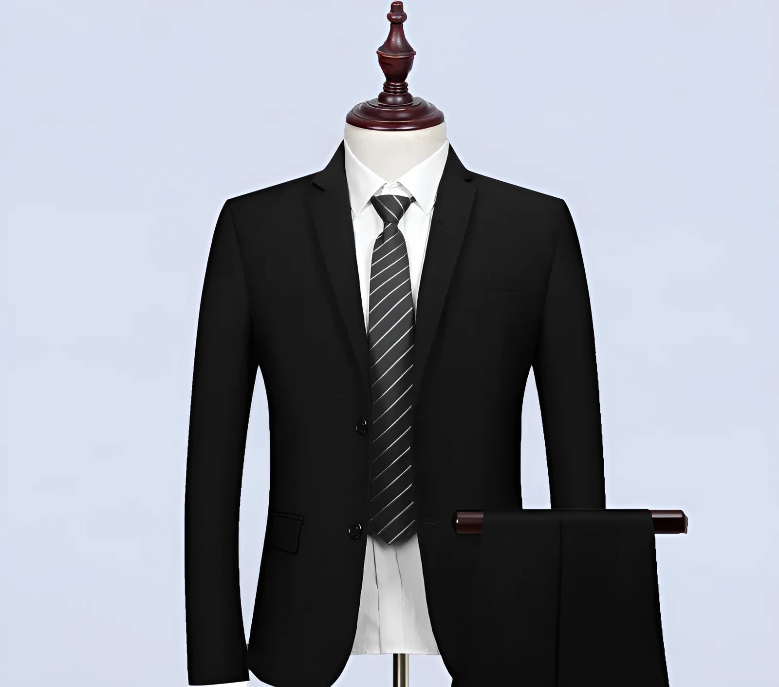 Men's slim fit black business suit set with flat collar and coordinated trousers