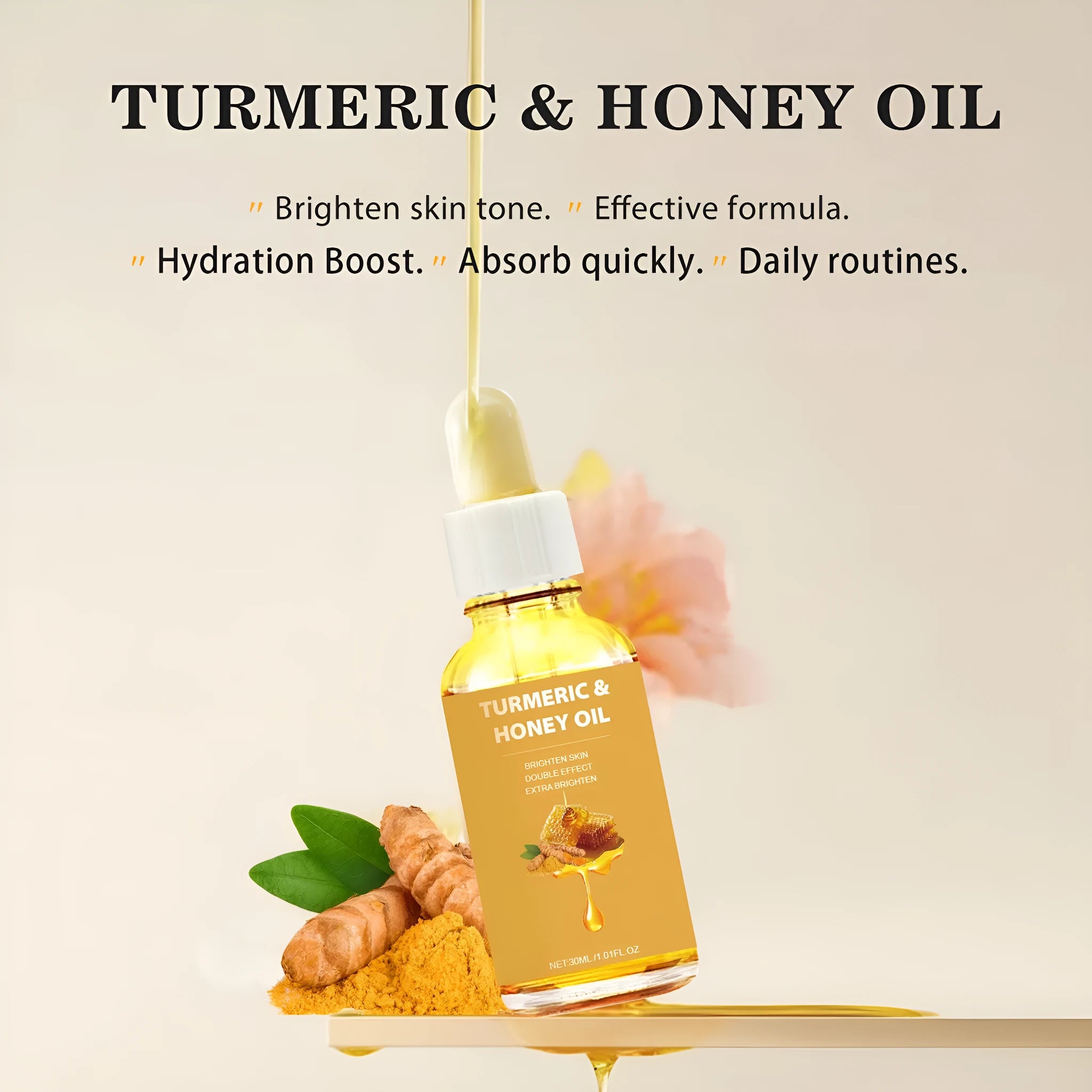 30ml turmeric honey essential oil bottle with neutral packaging for facial beauty application