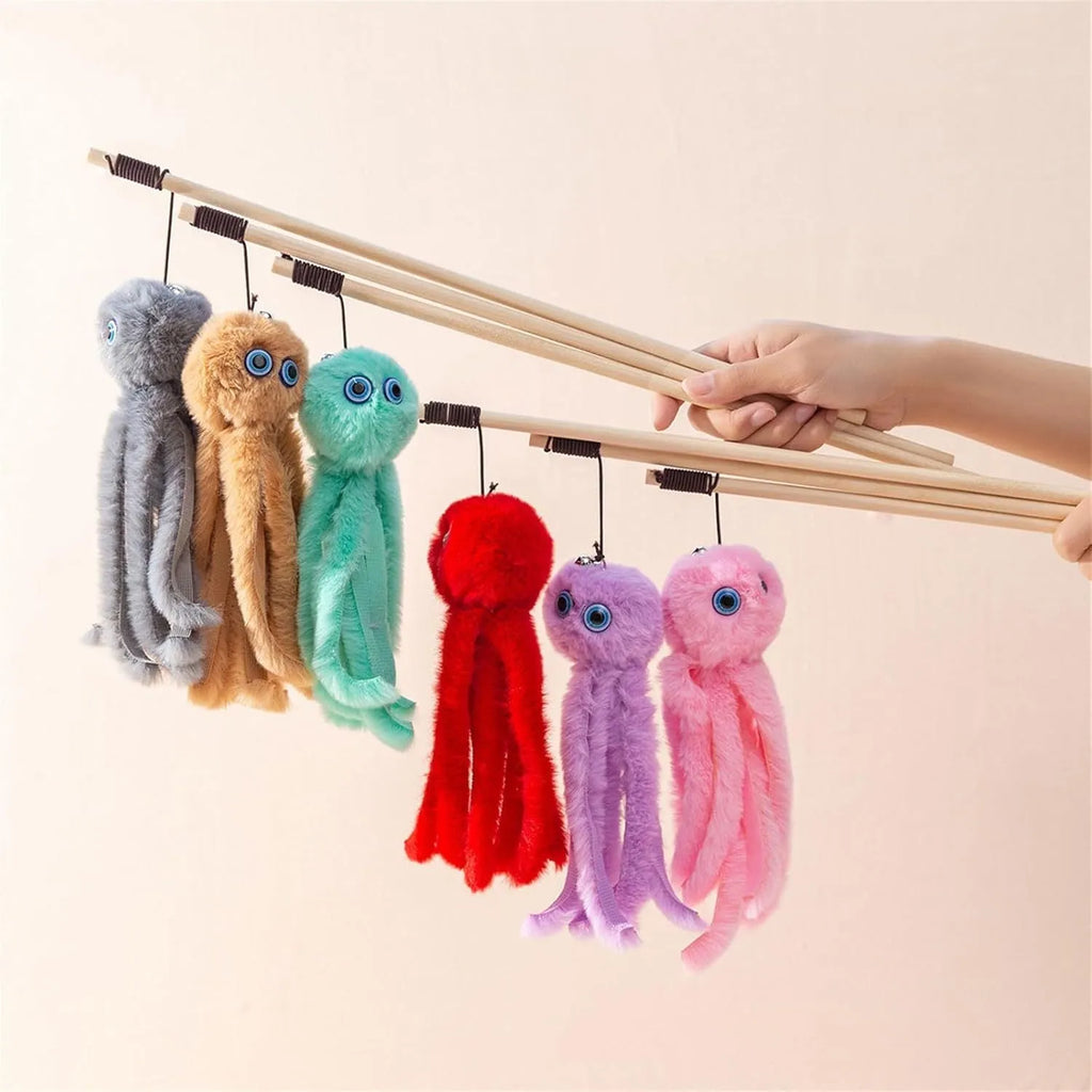 Colourful octopus cat toy with long stick for indoor feline entertainment