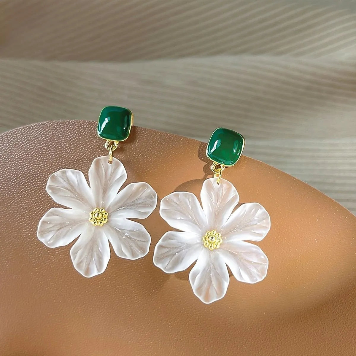 Dark green floral drop earrings with sterling silver accents and needle flowers design for women