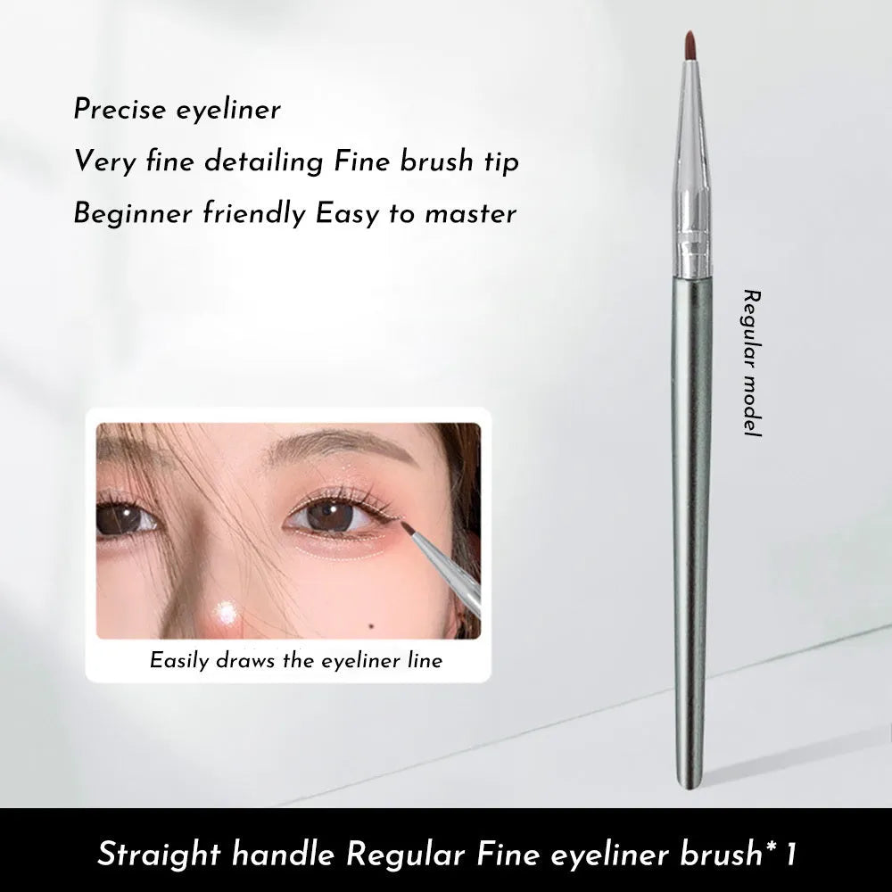 Bent head eyeliner brush for detailed eye makeup application and under-eye work