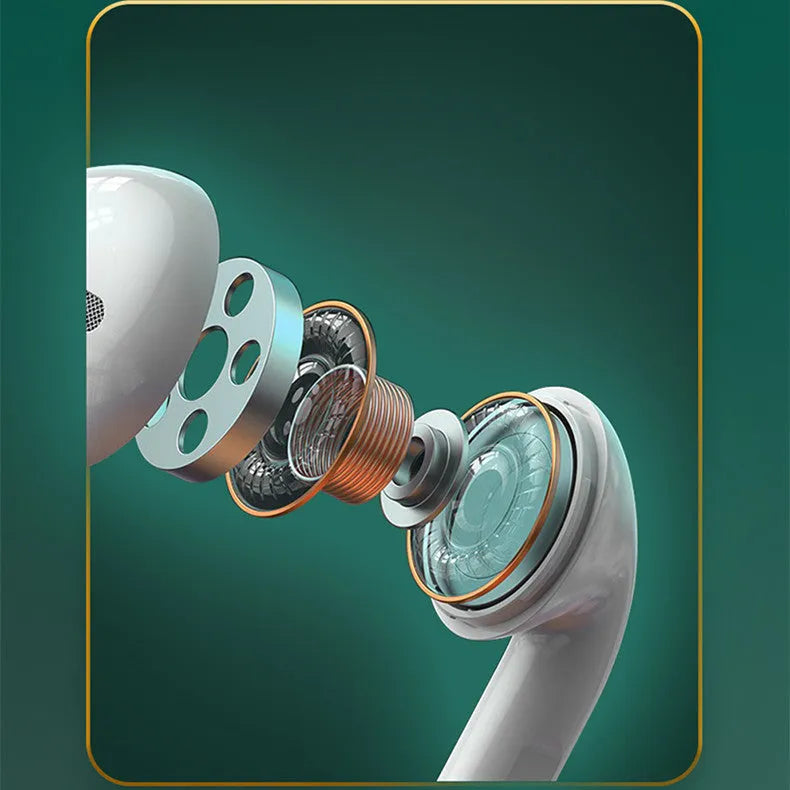 White Budz5 wireless Bluetooth earbuds with charging case featuring noise reduction technology