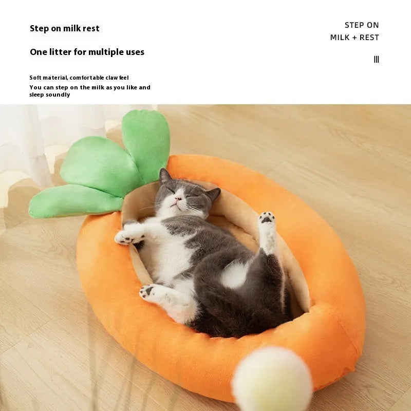 Orange carrot cartoon dog bed with removable cloth cover in medium and large sizes