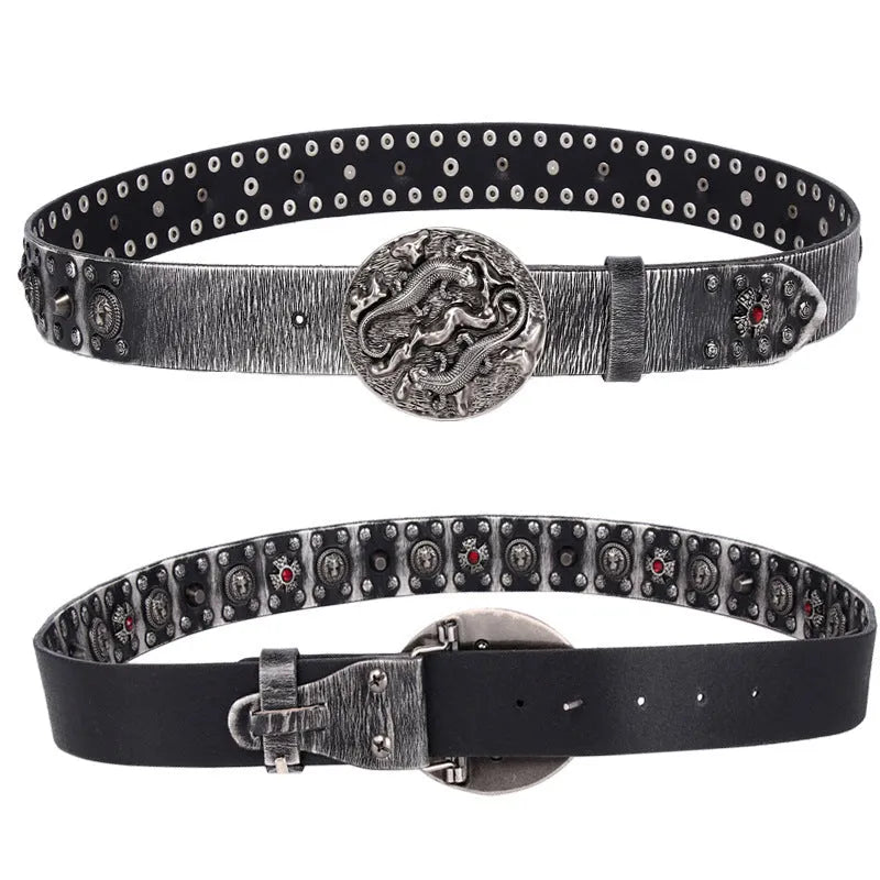 Personality Punk Rivet men's genuine leather belt with alloy buckle in a retro colour