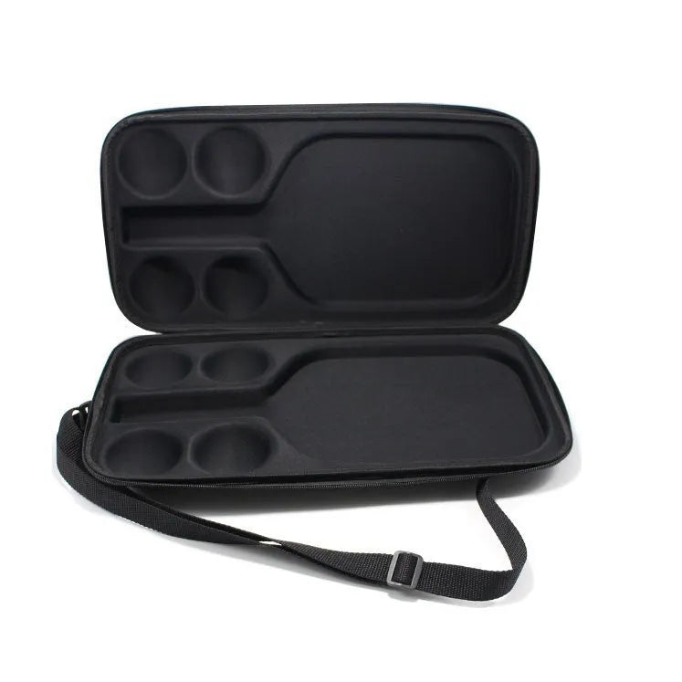Black EVA pickleball racket storage box with shoulder straps, shown holding a racket and balls.