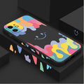Rainbow smiley face design on white or black camouflage TPU iPhone case with attached carrying lanyard