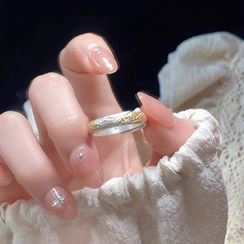 Open mouth adjustable ring with xiangyun pattern in gold electroplating on white copper