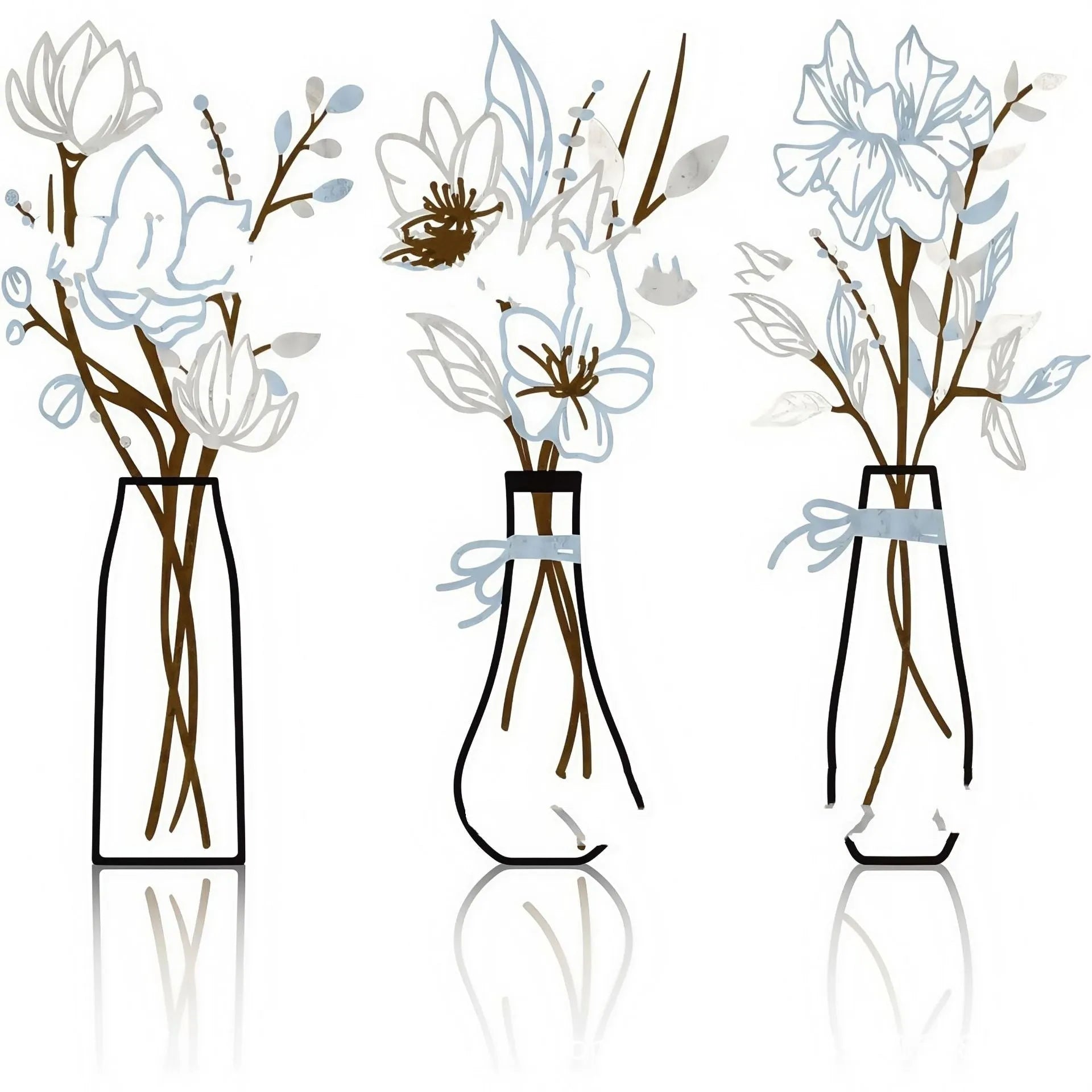Three metal flower wall art pieces in rustic farmhouse style for bathroom decoration