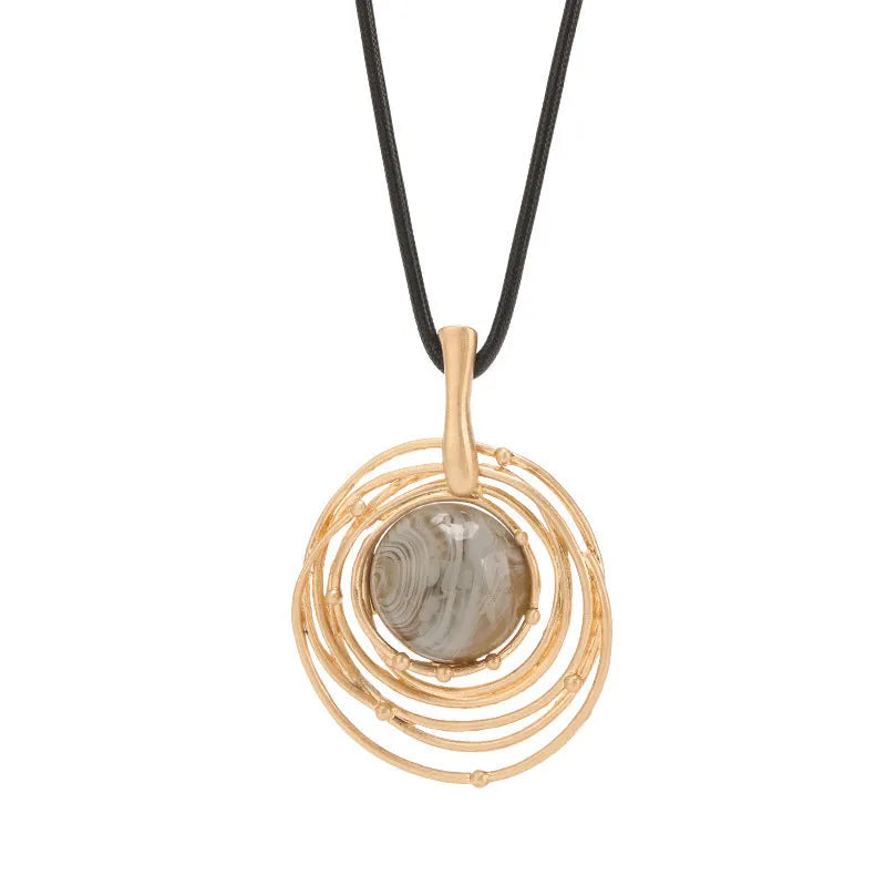 Vintage gold women's sweater chain necklace with geometric plaid pendant on snakeskin wax rope chain