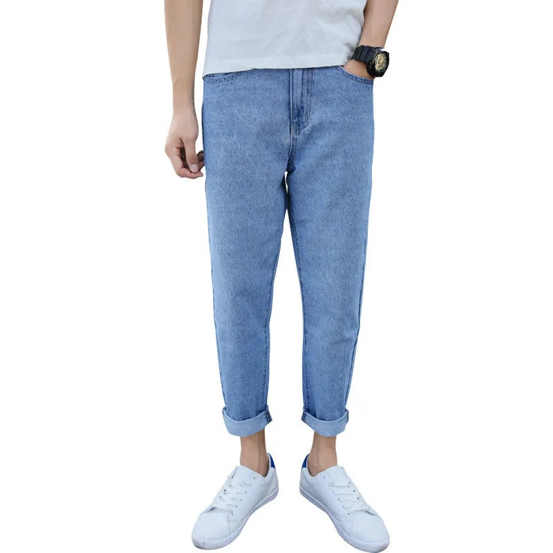 Men's black loose straight-leg jeans with small harem design on cotton fabric