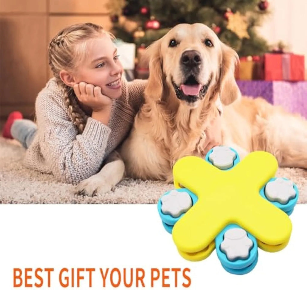 Yellow interactive dog puzzle feeder bowl with rotating lids and anti-slip base.