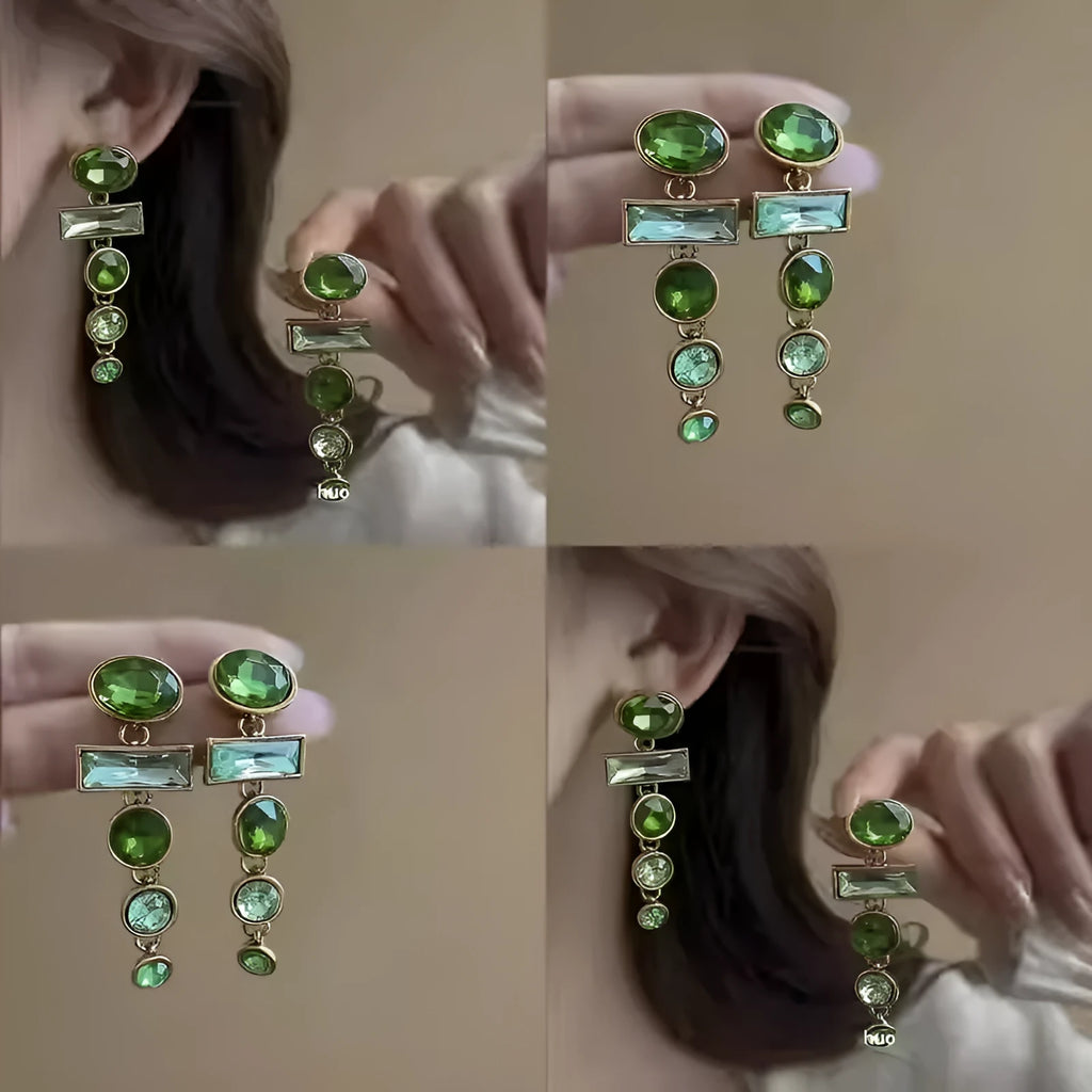 Green gradient geometric Chinese style alloy earrings with zircon inlay and tassel detailing