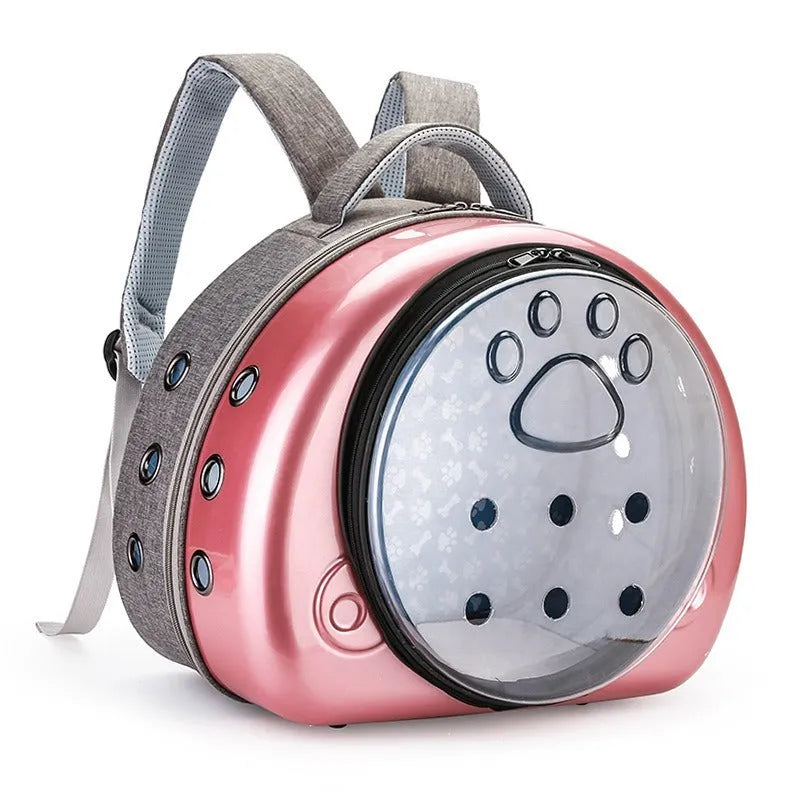 Transparent space capsule cat carrier bag in rose gold, silver, or champagne gold colour.