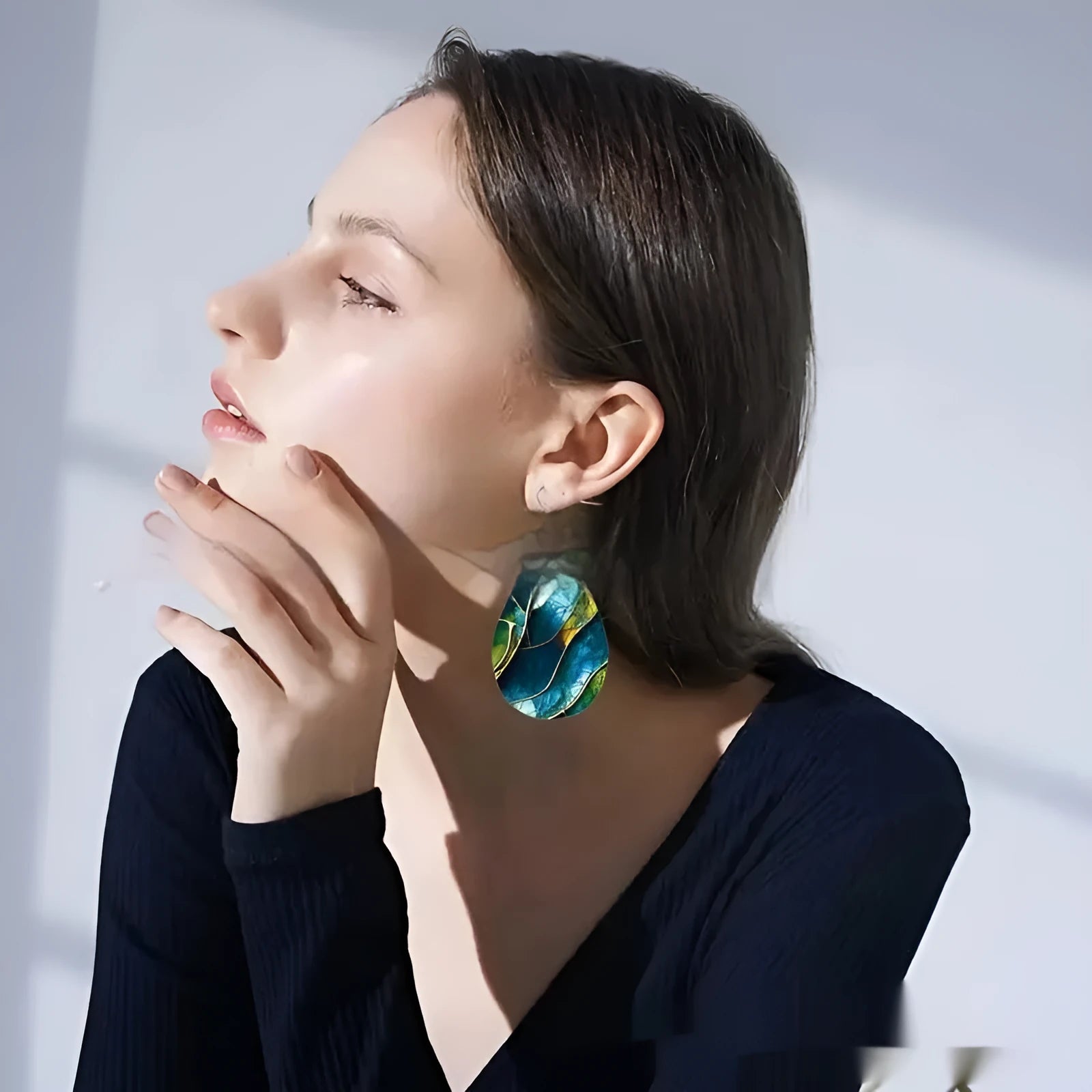 Acrylic flat branch knot earrings with drop shape and printed design elements