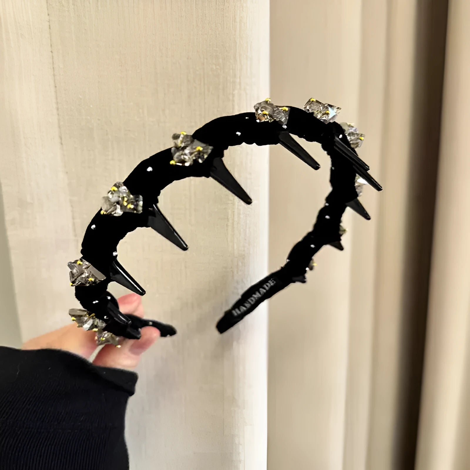 French velvet hairband with crystal wave pressing decoration in wine red colour