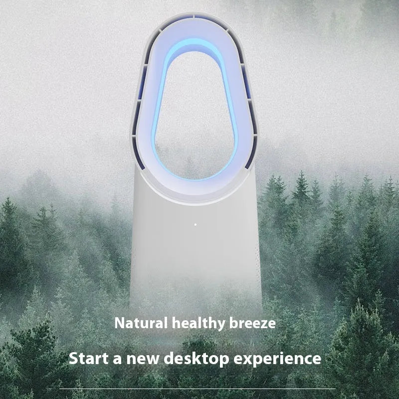SK white bladeless tower fan with remote control on floor next to desk