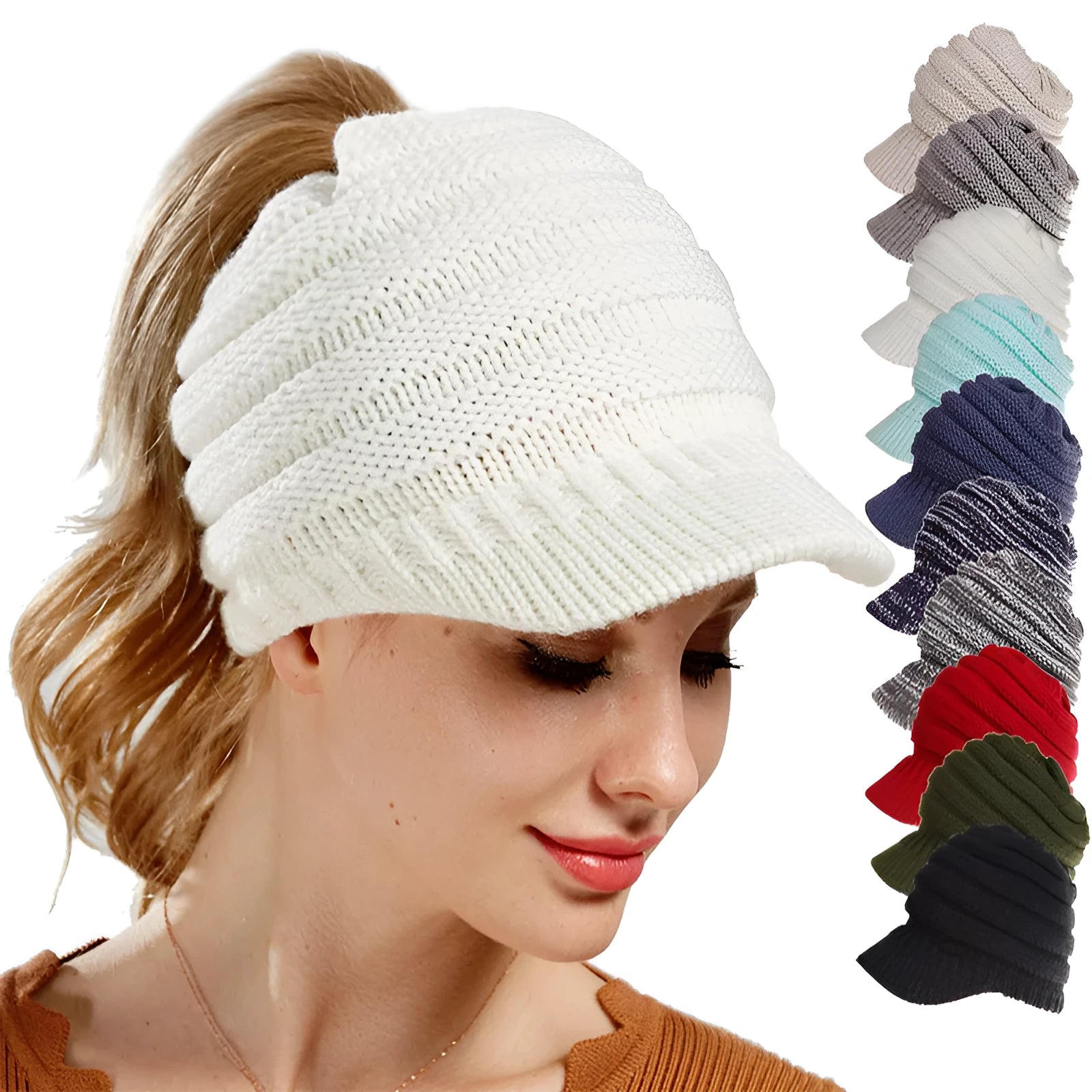 Woman wearing a thick knitted beanie with a ponytail threaded through the hole in the crown.
