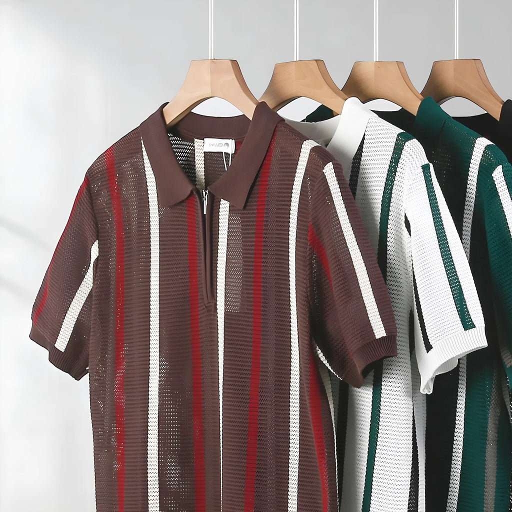 Hollow mesh short-sleeved knit polo shirt in loose fit ice silk viscose for summer.