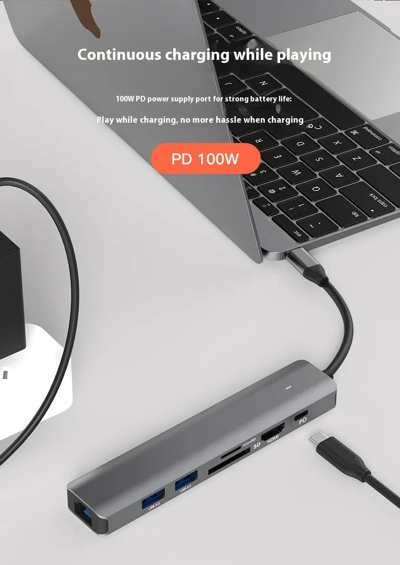 LQT-LH07 7-in-1 USB-C multi-port hub with card reader slots, HDMI, and USB ports.