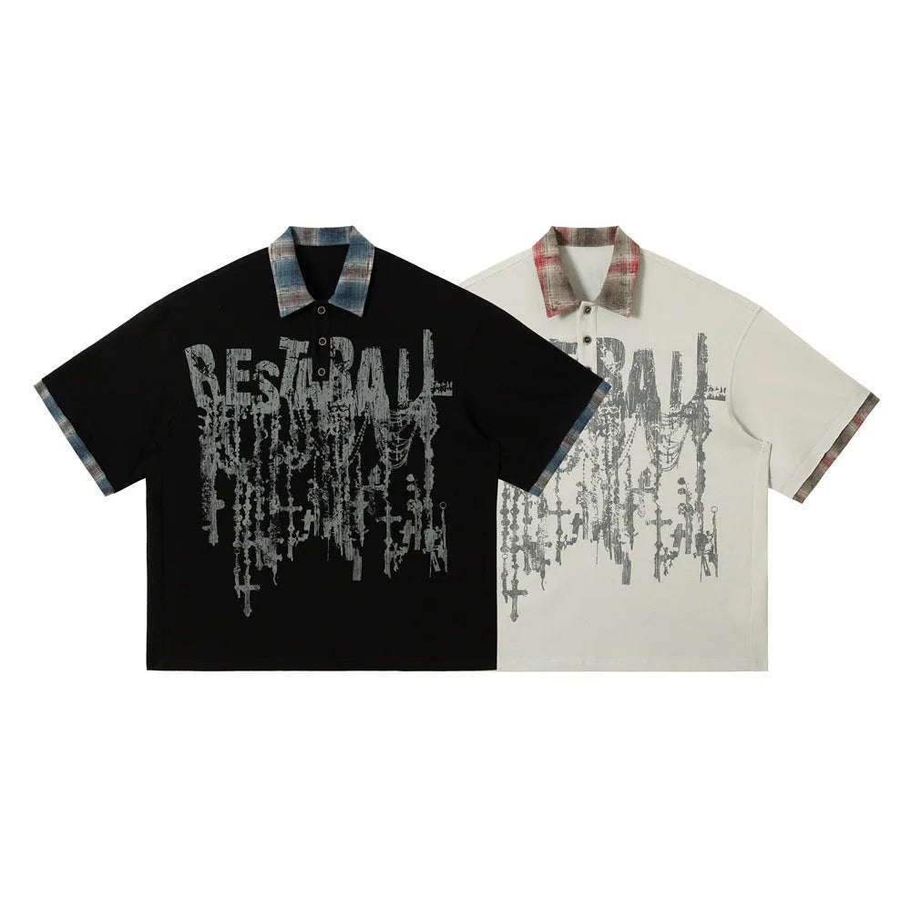 Men's blue graffiti print cotton top with asymmetric lapel design and loose fit