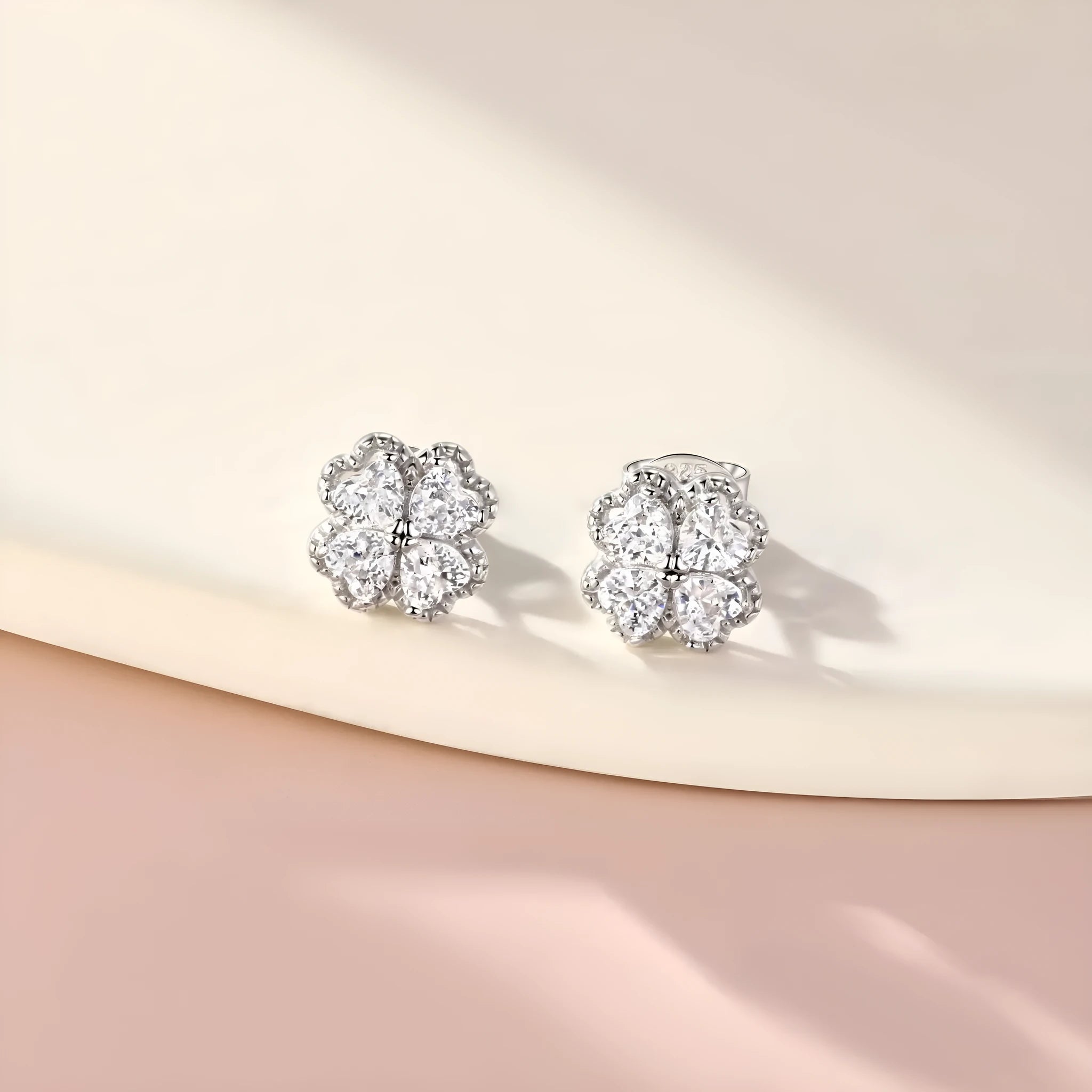 Women's 925 silver zircon earrings with four-leaf clover and heart design in white gold colour