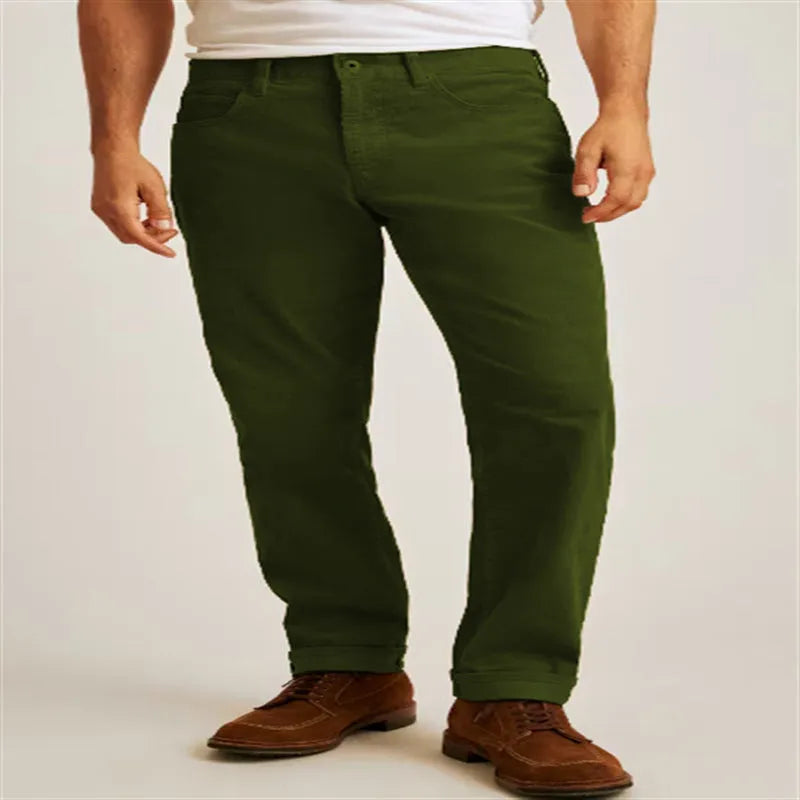 Corduroy casual straight trousers in solid colours with mid waist and zip fly design