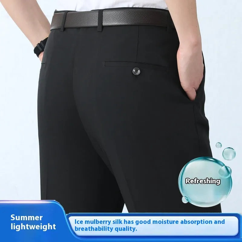 Men's straight leg business trousers in mulberry silk blend fabric with high waist design