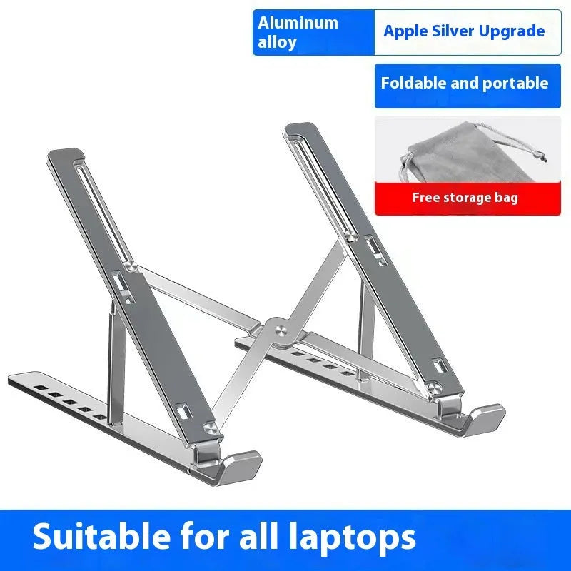 Silver aluminium folding laptop stand shown open and closed next to a laptop
