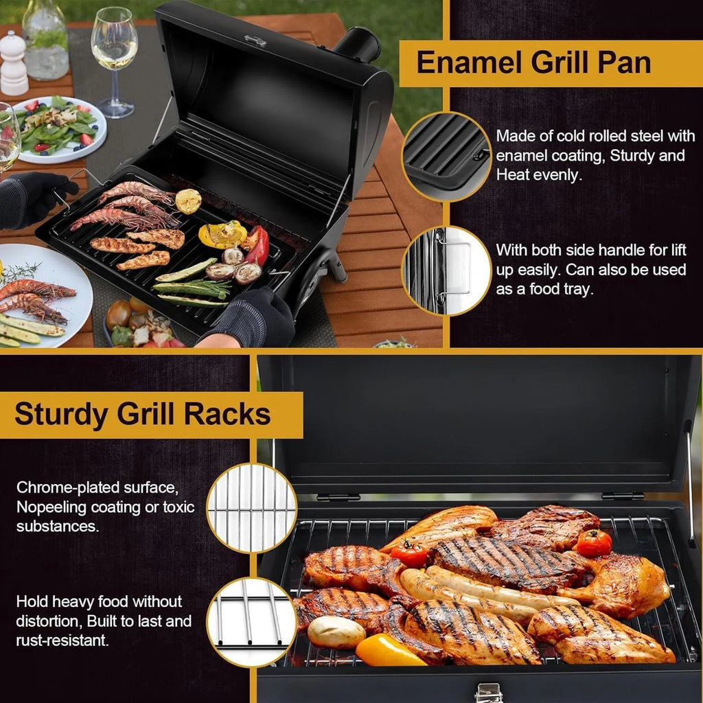 Small folding charcoal barbecue grill stove shown in use on a tabletop.