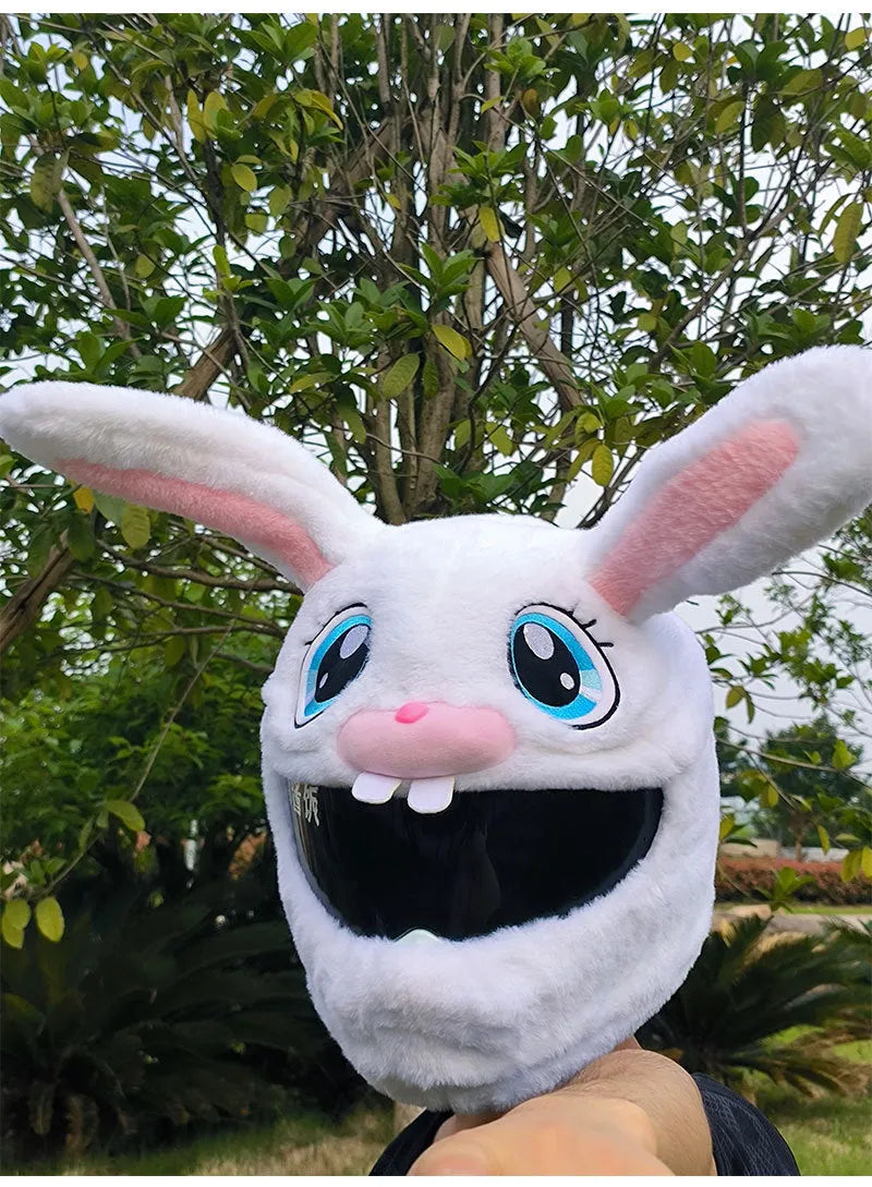 White decorative rabbit head plush cover for an electric motorcycle helmet.