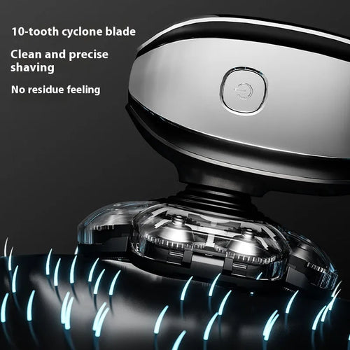 Black 6-in-1 rechargeable multifunctional haircut suit with hair clipper, shaver, trimmer, and attachments on a white background