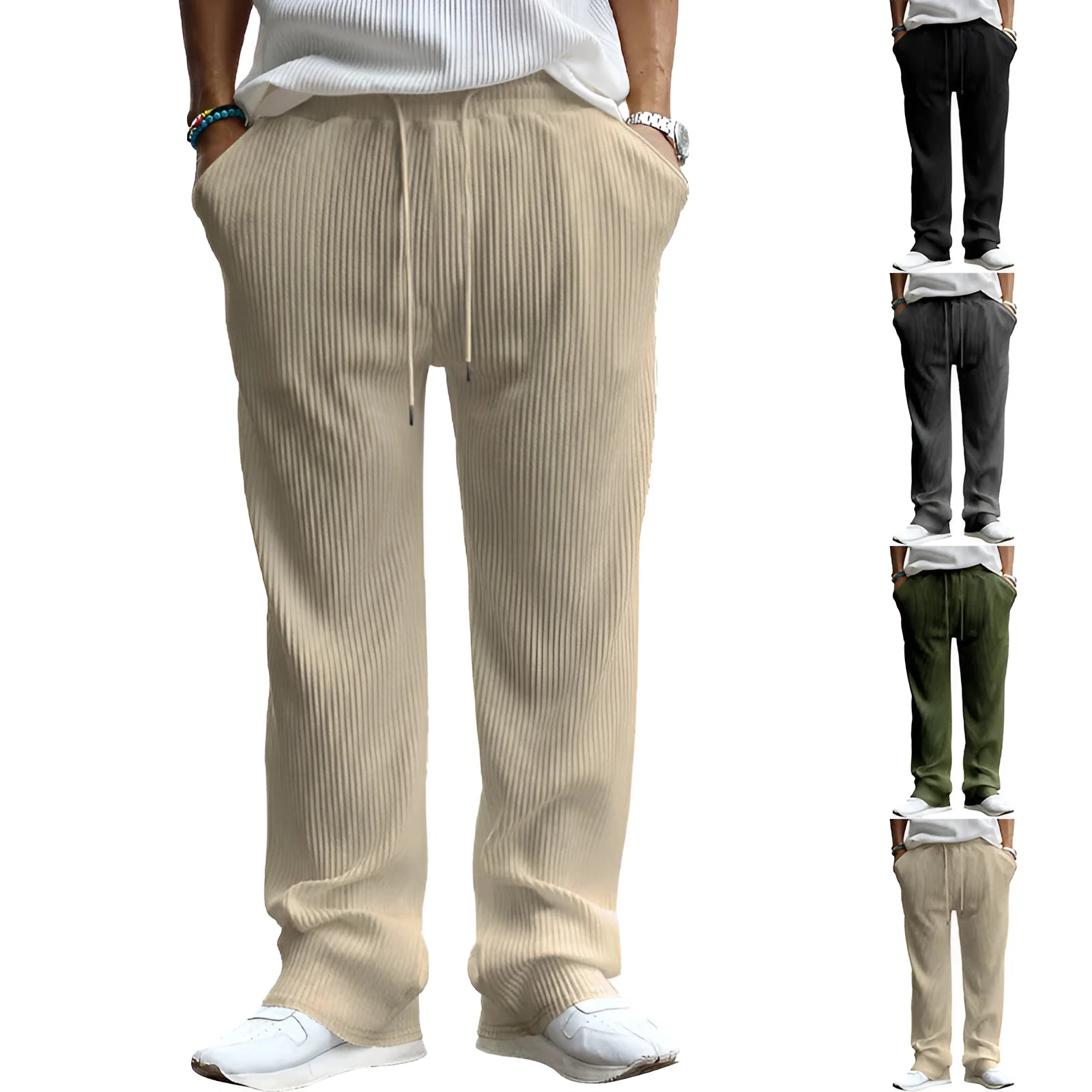 Men's loose fit striped high waist straight leg casual trousers in polyester fabric