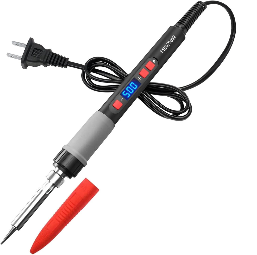 Grey 90W electric soldering iron with ceramic heating core, five tips, sponge, and pen holder for electronic repairs