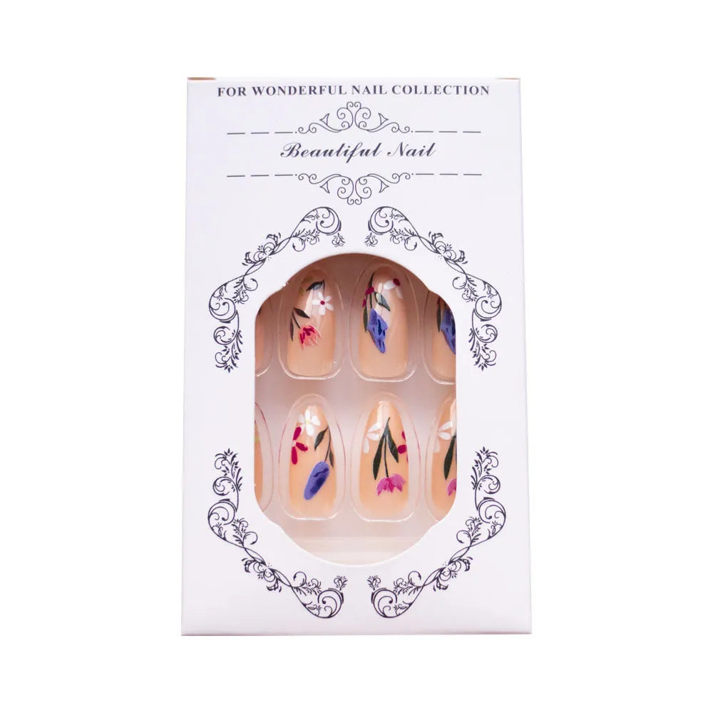 Almond-shaped removable nail armour with floral rose and tulip designs in European American style