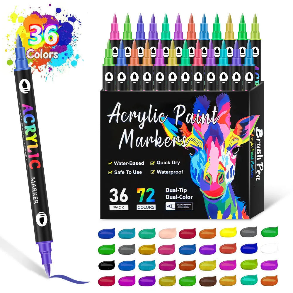 Double-headed acrylic marker pens showing fine tip and broad chisel tip with opaque quick-drying washable ink
