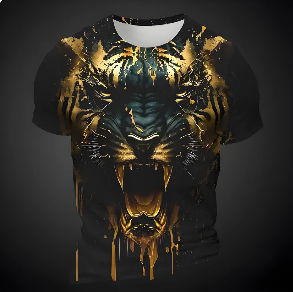 Men's grey t-shirt featuring a large, realistic 3D tiger head print on the chest.