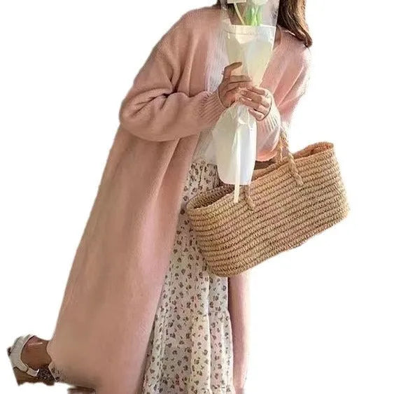 Women's V-neck knitted cardigan in mid-length style with long sleeves and loose fit