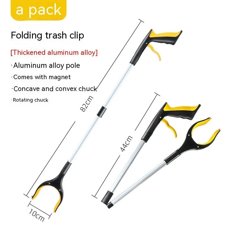 Blue plastic and aluminium alloy trash folder clip tool on a white background.
