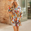 Orange floral striped lace V neck mini dress with long sleeves