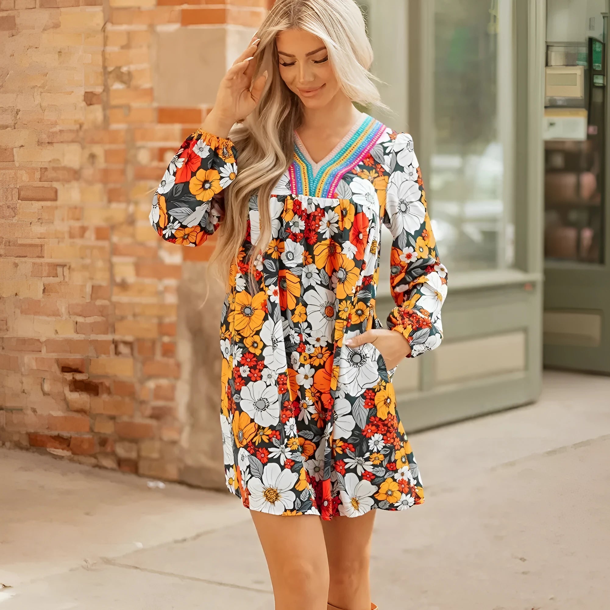 Orange floral striped lace V neck mini dress with long sleeves