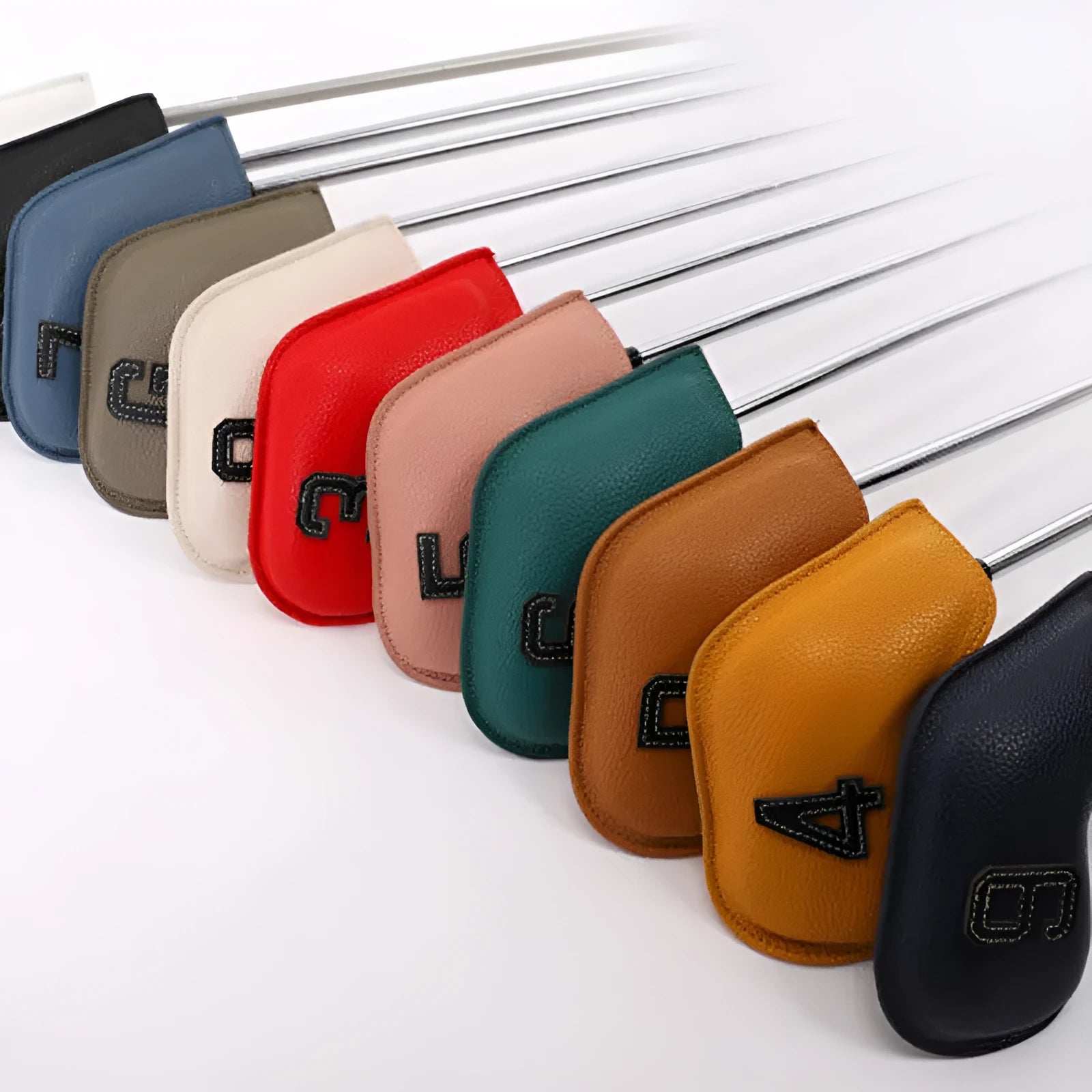 Set of 10 digital printed PU golf club head covers in various colours for club protection