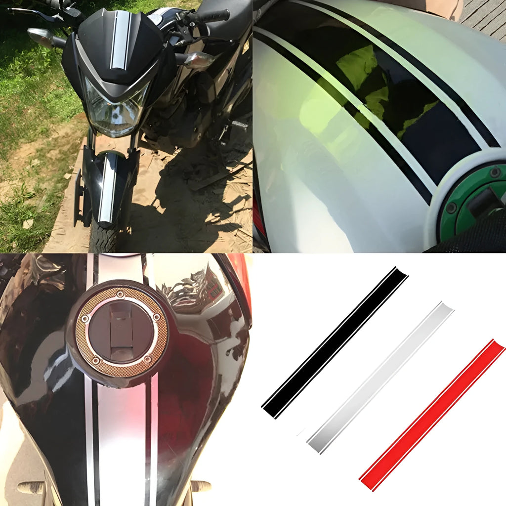 Motorcycle petrol tank reflective pinstripe sticker measuring 50cm by 4.5cm in black red silver yellow options