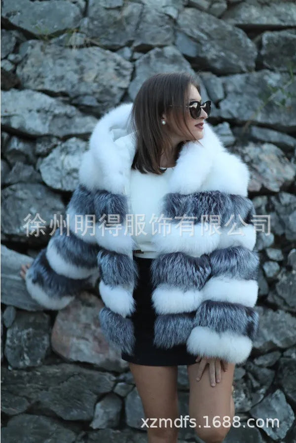Women's loose faux fur hooded coat in street fashion style with 65cm length