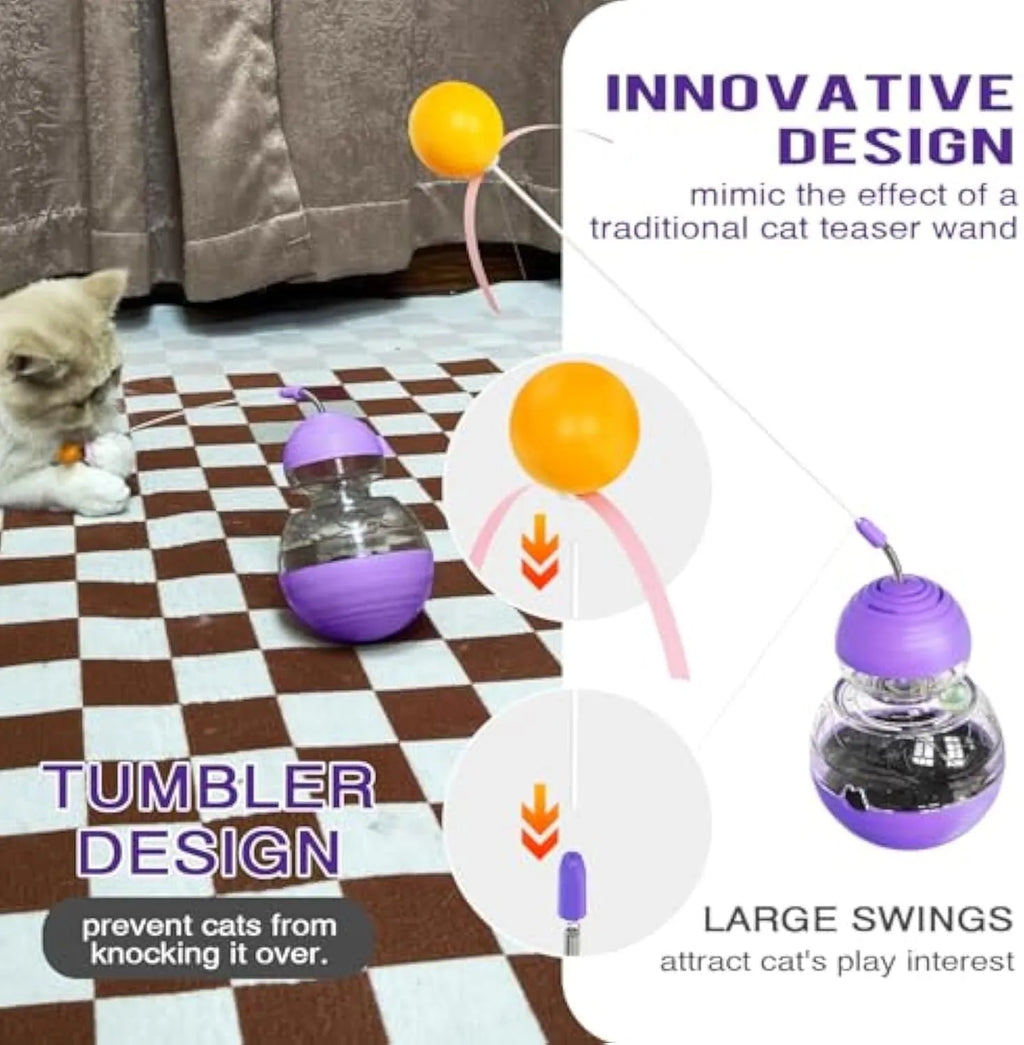 Purple electric interactive cat toy with a bouncing teaser wand and slow feeder dispenser on a rocking base.
