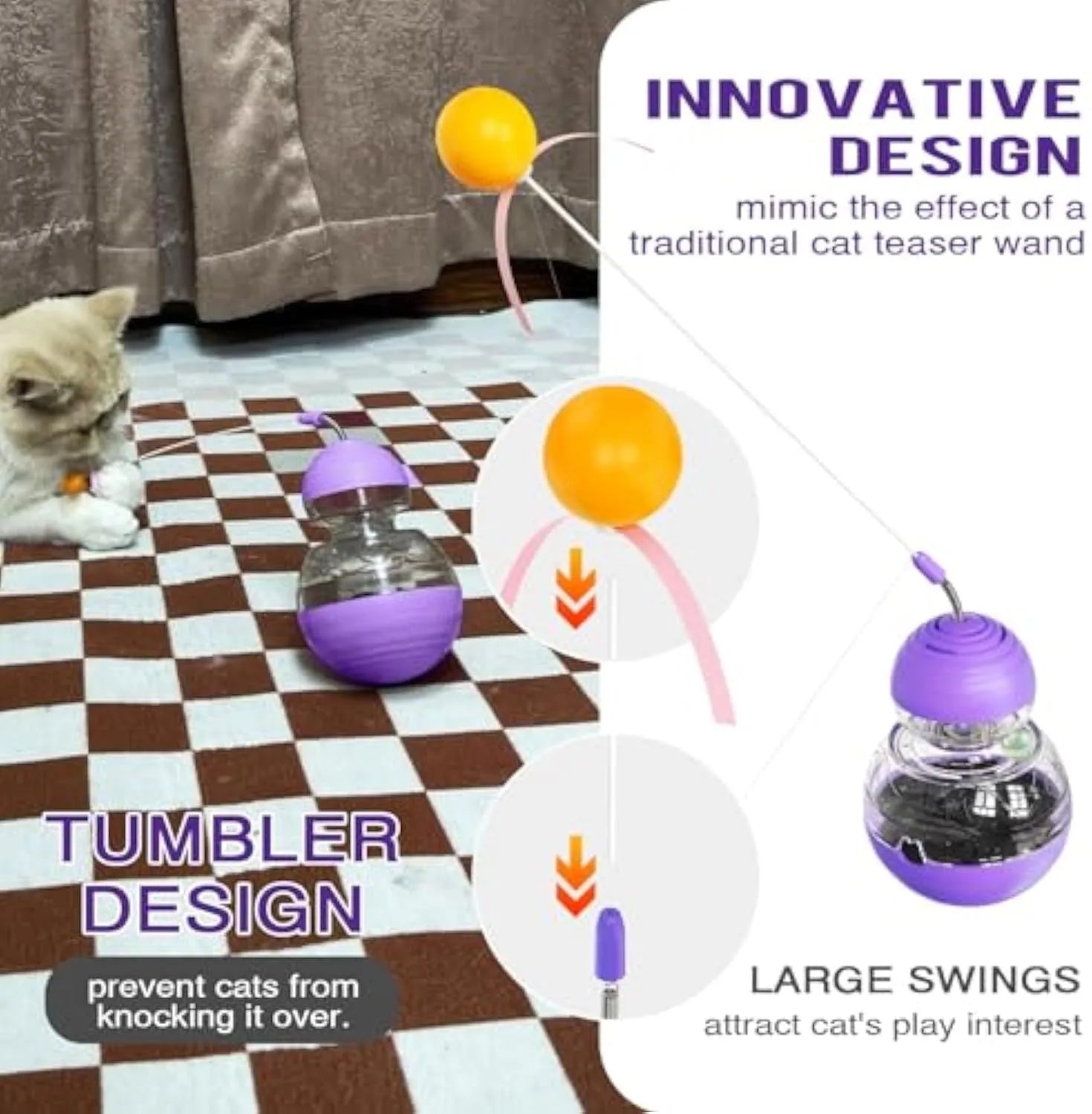 Purple electric interactive cat toy with a bouncing teaser wand and slow feeder dispenser on a rocking base.
