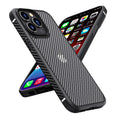 Black anti-fall protective phone case for iPhone 13 with a carbon fibre pattern on the back.