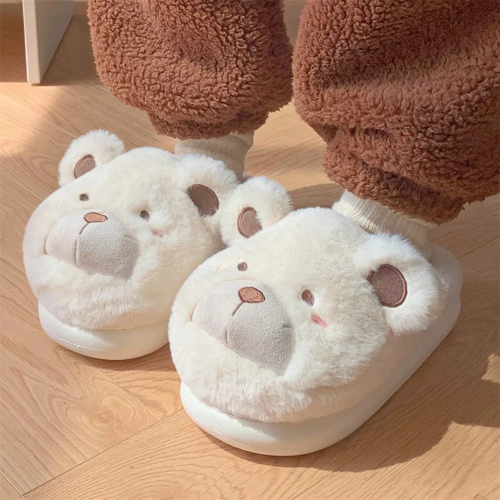 Women's cartoon cute plush slippers in khaki colour with suede upper and round toe.