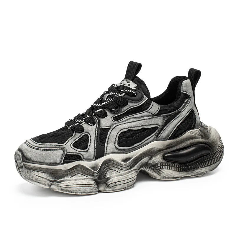 Men's black, grey, or white mesh sneakers with platform sole and lace-up front.